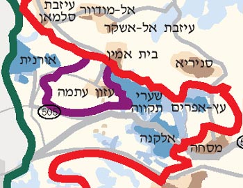 מפת מכשול ההפרדה באזור הכפר עזון עתמה.