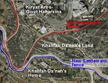 Khalifah Da'neh's land, fenced off and attaching to the settlement by the Army.
