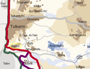 Map of the Separation Barrier in Tulkarm area. The village of Far'un is marked in yellow.