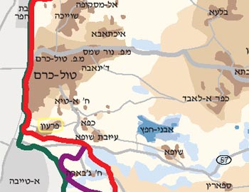 מפת מכשול ההפרדה באזור טול-כרם. הכפר פרעון מסומן בצהוב.
