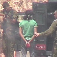 Soldier fires rubber-coated bullet at Palestinian detainee in Ni'lin. Photo taken from video footage, 7 July '08.