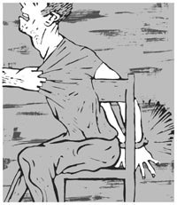 Sudden pulling of the body while causing pain in the hand joints which are cuffed to the chair.