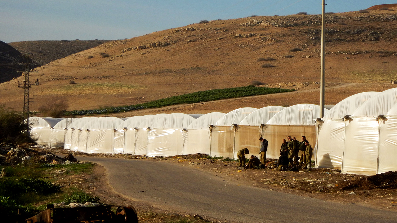 Soldiers next to greenhouses in 'Ein al-Beida. Photo by: ‘Aref Daraghmeh, 12 Dec. 2017