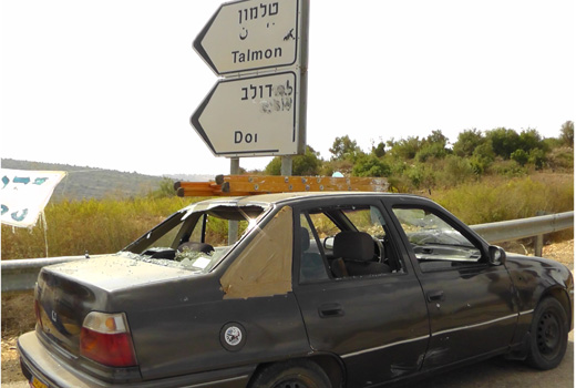 The car whose windows were shattered near the Nahli'el settlement. Photo: Iyad Hadad, B'Tselem, 25 Oct. '11. The car whose windows were shattered near the Nahli'el settlement. Photo: Iyad Hadad, B'Tselem, 25 Oct. '11.