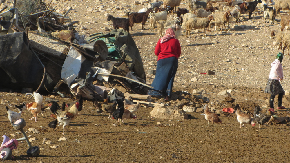 Residents of ‘Ein Karzaliyah against the background of the ruins of the community's buildings, 8.1.14