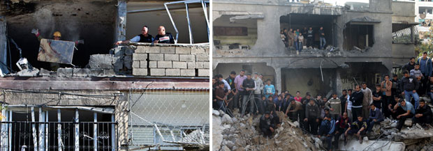 The a-Dalu family's house in Gaza City, blown up by Israel, killing 11 Palestinian civilians, and the  house in Kiryat Malachi hit by a Hamas rocket, killing  three Israeli civilians. Photos: Anne Paq, Activestills.org and Nir Elias, Reuters, respectively.  