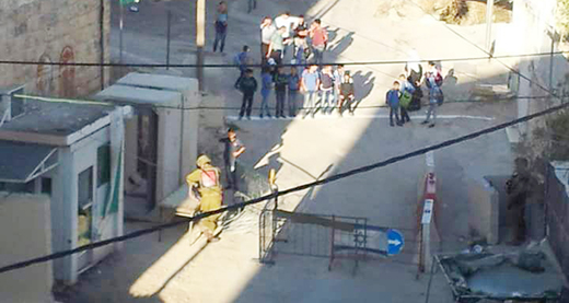 Residents of the Tel Rumeidah neighborhood wait for the military to let them go home through Tel Rumeidah (Gilbert) Checkpoint, where only residents of the neighborhood are permitted passage. Photo by Amani Abu 'Eashah, neighborhood resident, November 2016. Residents of the Tel Rumeidah neighborhood wait for the military to let them go home through Tel Rumeidah (Gilbert) Checkpoint, where only residents of the neighborhood are permitted passage. Photo by Amani Abu 'Eashah, neighborhood resident, November 2016.