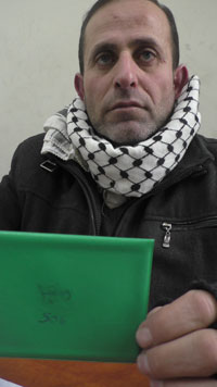 Yaser Abu Markhiyeh showing his ID card with the number written on it. Taken by Musa Abu Hashhash, B’Tselem