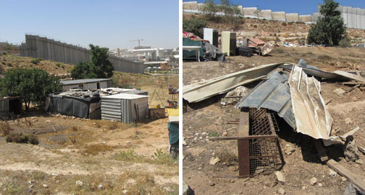 Residential structures in Tal ‘Adasa before (June 2013) and after the demolitions (19 Aug. 2013). Photos: 'Amer Aruri, B'Tselem