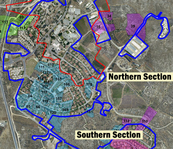 Segment of a map indicating the status of land in Ofra. All the colored areas are recorded in the Land Register on the name of Palestinians.