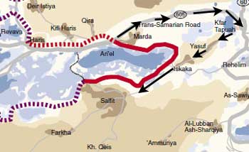 Map of the long travel route between villages north of Ariel and their regional town, Salfit.