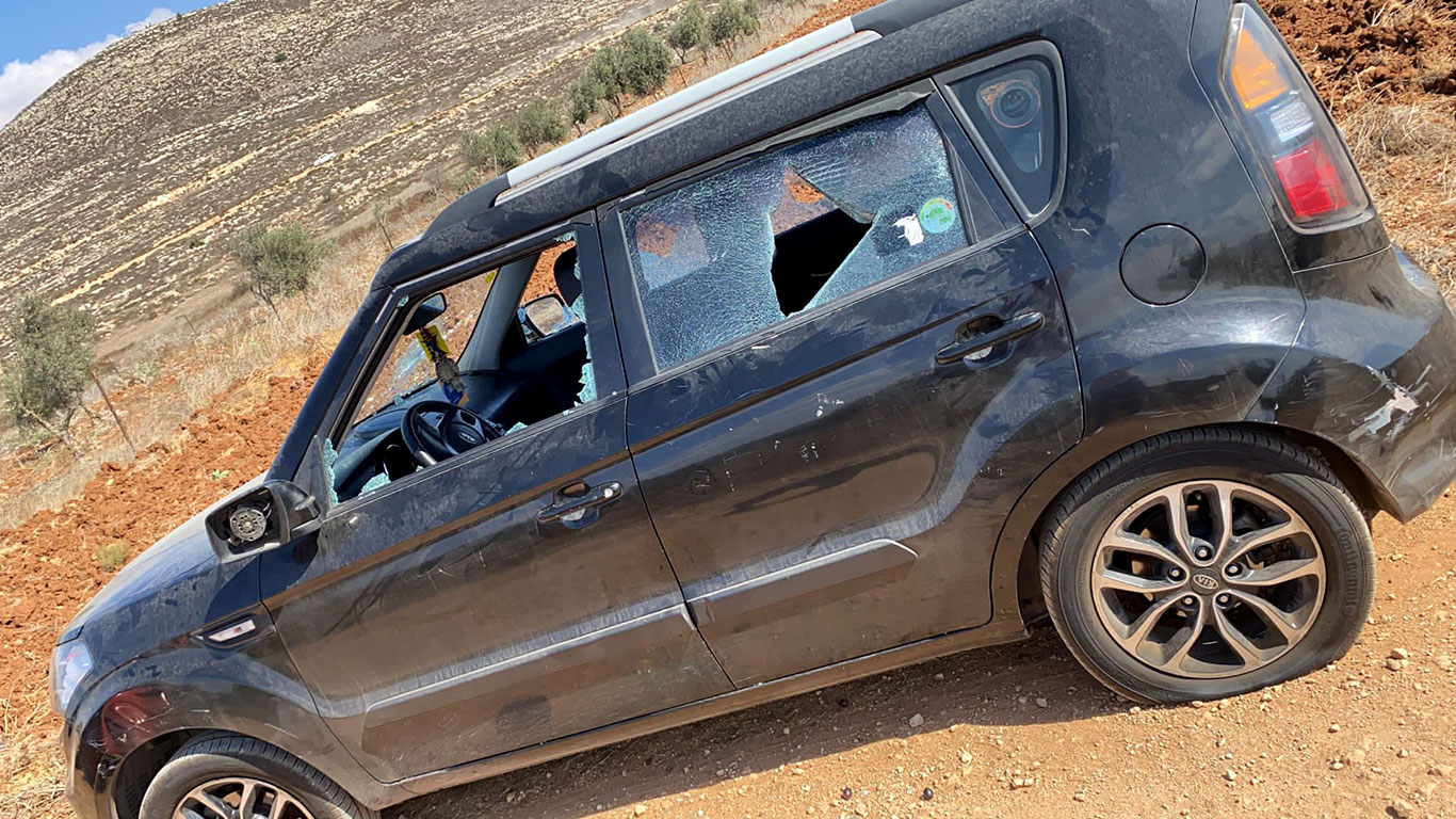 Car vandalized by settlers. Photo courtesy of the witnesses
