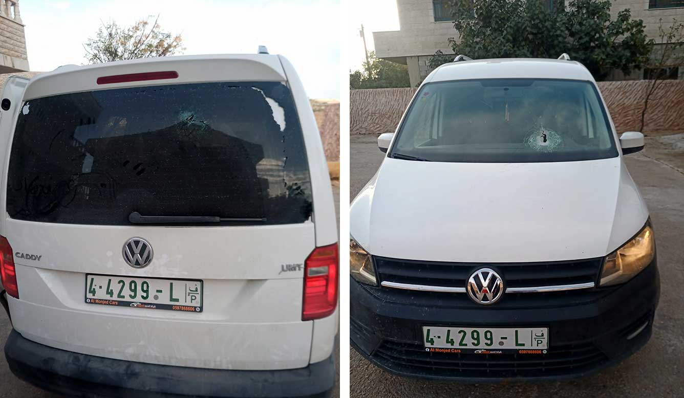 Bassem Salawdah’s car after the attack. Photo courtesy of witness