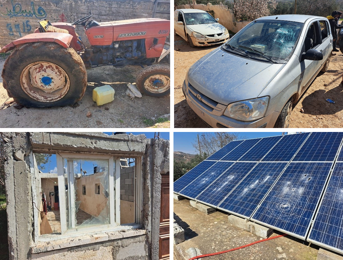 Top: Two of the cars and the tractor vandalized by the settlers. Bottom: Some of the solar panels smashed by the settlers and the shattered window of a house. Photos: Iyad Hadad, B'Tselem