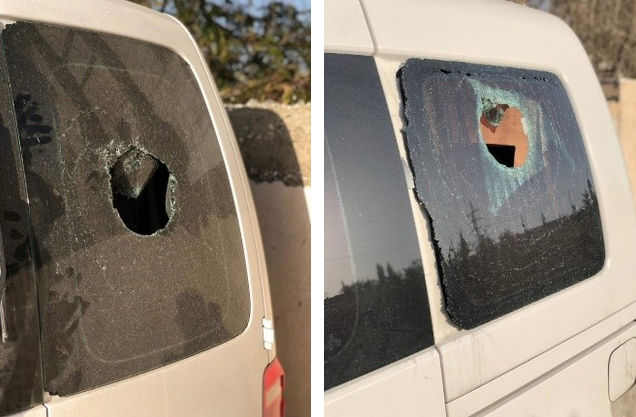 Two of the four windows the settlers smashed in Ayman Musa’s car. Photos courtesy of Musa.