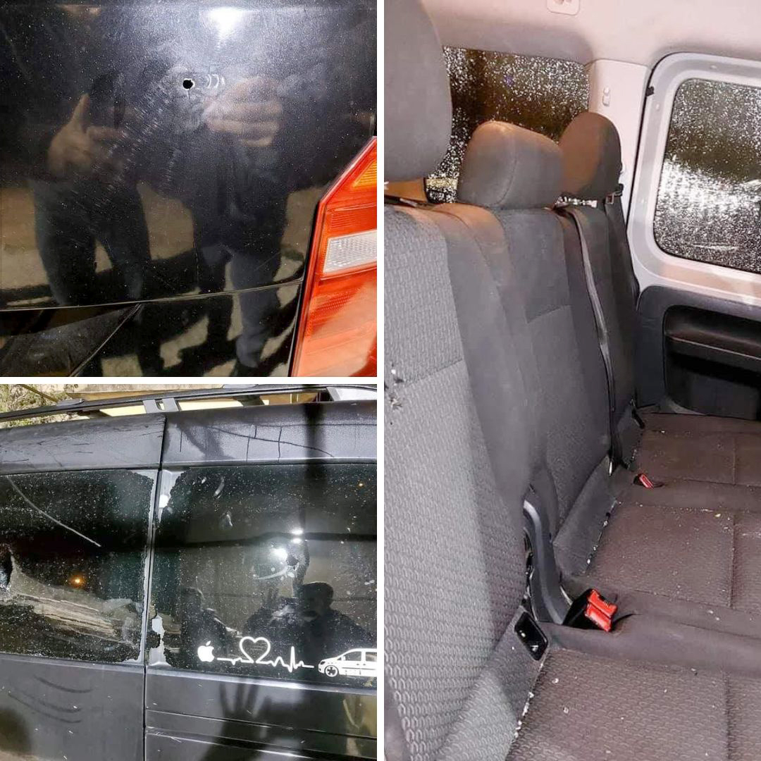 Islam’s car; a hole from the bullet that penetrated the back of the car and through one of the back seats, and the windows the settlers shattered. Photo courtesy of witness.    