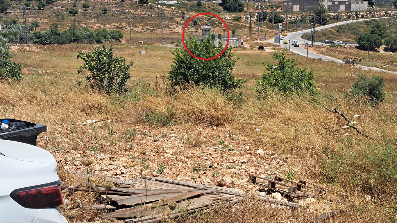 View from Marwah and Haitham Tamimi's yard to the military tower from which their son was shot. Photo: Iyad Hadad, B'Tselem, 12 June 2023