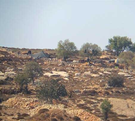 Tents at the “farm” set up by settlers in August 2023 on Burqah village lands. Photo courtesy of local Palestinian residents 