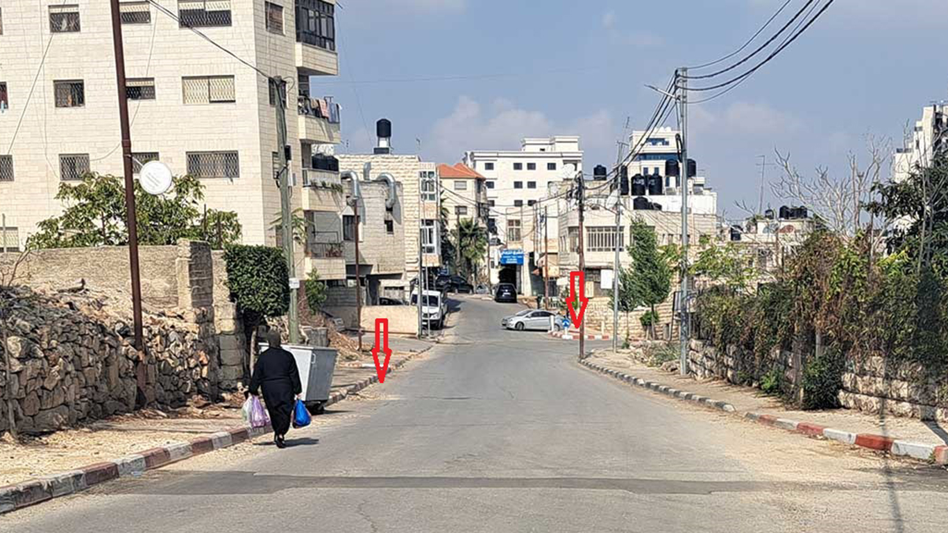 Left: The spot where Ayham Shafi’i was shot. Right: The spot the soldiers fired from. Photo: Iyad Hadad, B’Tselem, 2 Nov. 2023