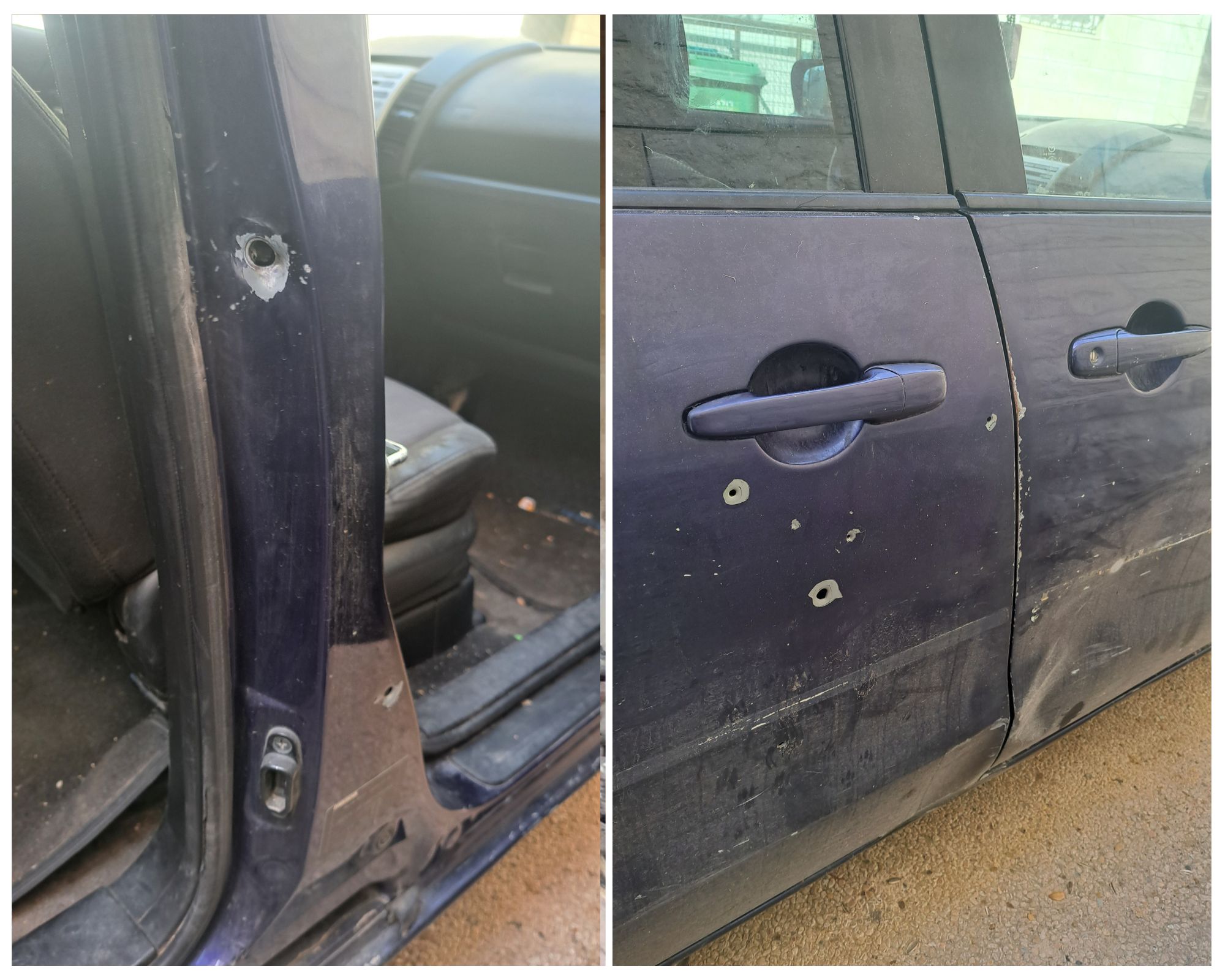 Bullet holes in the car doors. Photo courtesy of the witness 