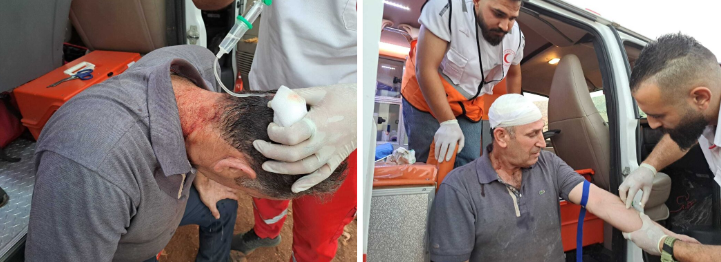 طاقم طبي تابع للهلال الأحمر يقدم العلاج الطبي لجهاد مساعيد بعد أن أصابه المستوطنون بجرح في رأسه, 4.11.23  