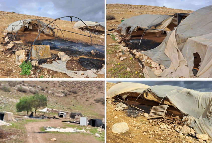 Tents torched by settlers in Wadi al-Faw. Photos courtesy of community residents 