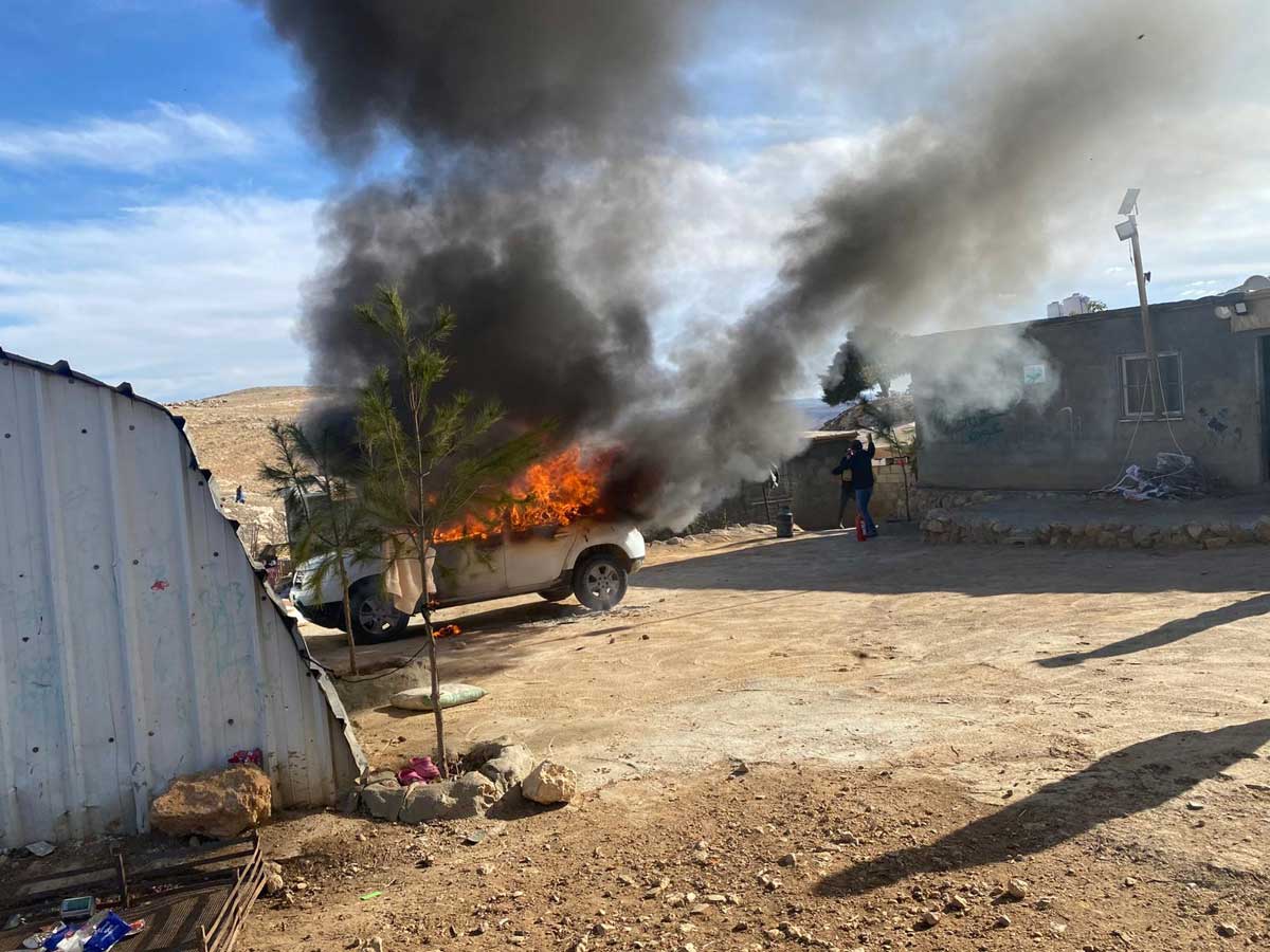 A car belonging to a resident of Kh. a-Tuba after being torched by settlers, 25 January 2025. Photo courtesy of local residents