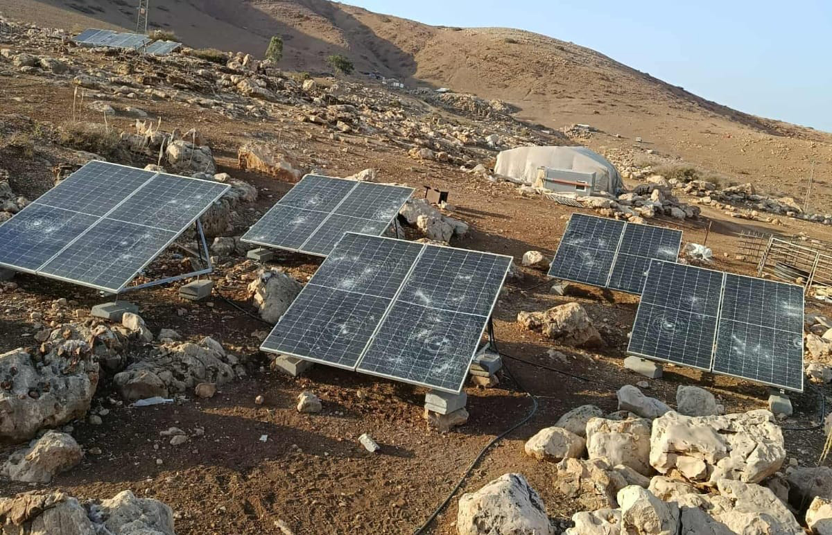 Solar panels smashed by settlers. Photo: ‘Aref Daraghmeh, B’Tselem