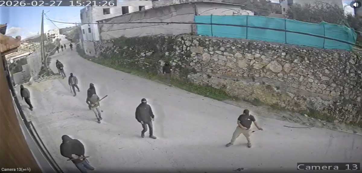 Settlers entering Jalud. Still from security camera footage, courtesy of the residents