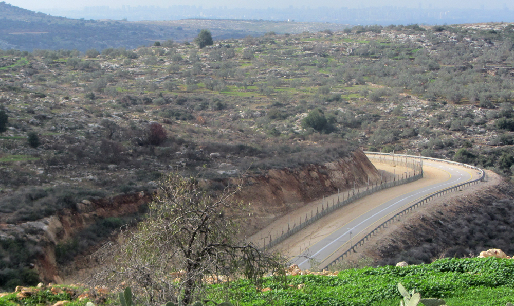 הכביש שעליו עמדו החיילים, גדר ההפרדה ומעבר לה, הגבעה שעליה נהרג אחמד סלים. צילום: עבד אל-כרים סעדי, 16.1.18. الشارع الذي وقف فيه الجنود وجدار الفصل ومن خلفه التلّة التي قُتل فوقها أحمد سليم. تصوير: عبد الكريم سعدي، 16.1.2018