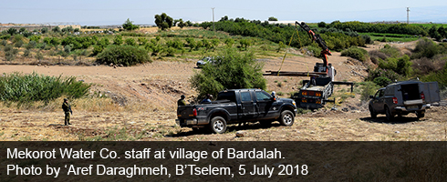Mekorot Water Co. staff at village of Bardalah. Photo by ‘Aref Daraghmeh, B’Tselem, 5 July 2018  