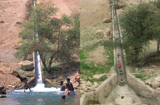 Left: Ein al-'Uja spring in better days.. Photo: Itamar Grinberg, August 2004. Right: The dry 'Ein Uja spring today. Photo: Eyal Hareuveni, B'Tselem, 23 March 2011