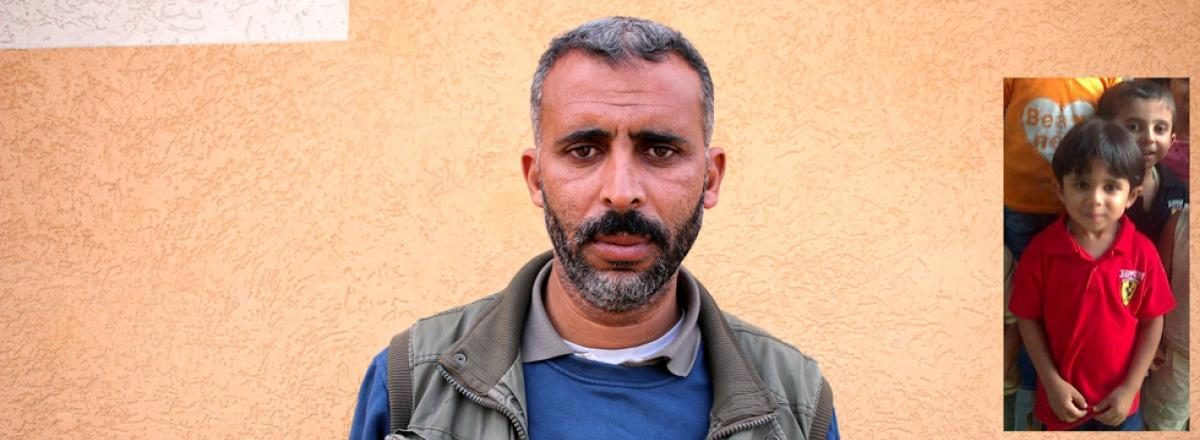 Saleh Abu Hadaf. Photo by Khaled al-‘Azayzeh, B’Tselem, 10 December 2017. Inset: Hadaf’s son, Muhammad.