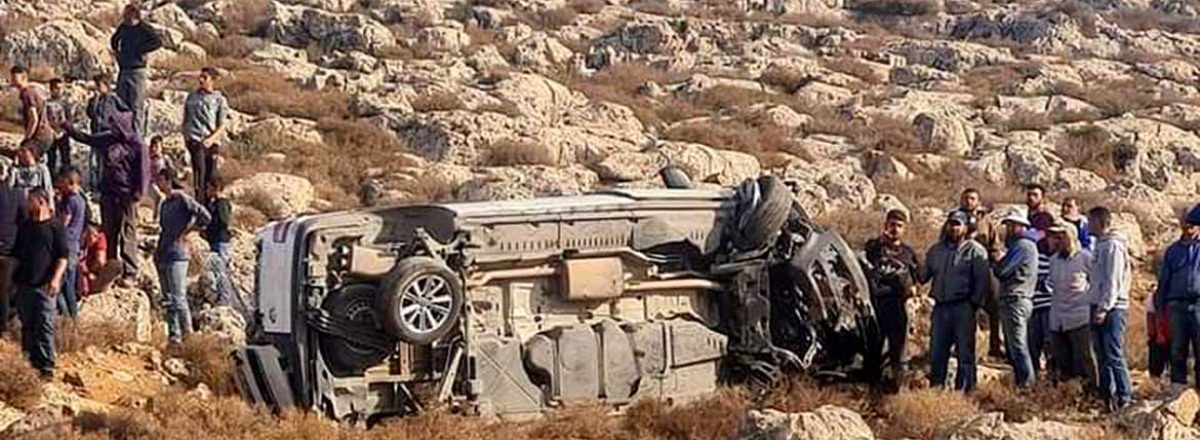 A car overturned after being attacked by settlers. The driver, Kharaz, is still in hospital and faces lengthy rehabilitation. Photo courtesy of the family.