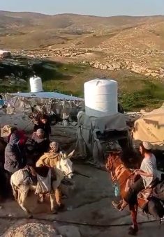 المستوطن على حماره يهاجم بالعصا أفراد عائلة مخامرة عند مدخل منزلهم. صورة من شريط فيديو قدّمه الأهالي مشكورين