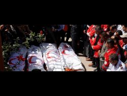 Palestinians mourn medical and aid personnel killed by the Israeli Military, Khan Younis, 31 March, 2025. Photo by Hatem Khaled, Reuters