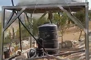 One of the water containers that settlers vandalized in Khirbet a-Radhem. Photo courtesy of community residents, 16 Oct. 2023 