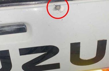 The bullet hole in the cargo box of ‘Ali al-Kabash’s pickup truck. Photo courtesy of al-Kabash