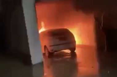 One of the vehicles torched by the settlers. Still from video footage, courtesy of the residents
