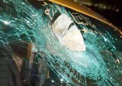 Stone settlers threw lodged in the windshield of Hatem Salah’s taxi. Photo courtesy of the witness.