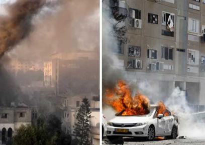 Left: A building bombed in Gaza. Photo by Muhammad Sabah, B'Tselem. Right: A car hit by a rocket in Ashkelon. Photo by Nir Elias, Reuters.