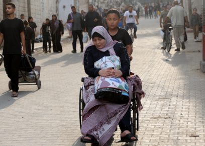 <br />
Palestinians fleeing Jabalia camp arrive in Gaza City, October 6, 2024