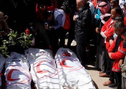 Palestinians mourn medical and aid personnel killed by the Israeli Military, Khan Younis, 31 March, 2025. Photo by Hatem Khaled, Reuters