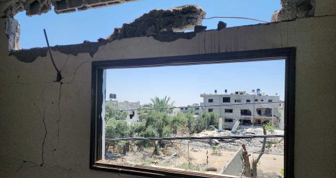 A view of the Abu ‘Ubeid family home from Sarsur’s apartment, with the home of Ahmad a-Dirawi in the back. Photo by Khaled al-‘Azayzeh, B’Tselem, 22 June 2023 