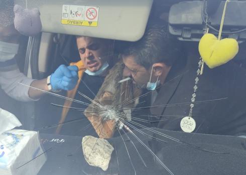 Mustafa Ramadan’s car after settlers attacked it at the Huwarah Junction, 23 Nov. 2020. Photo by Mustafa Ramadan
