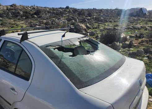 A shattered windshield in ‘Aref Jaber’s car, al-Baq’ah, 11 Dec. 2020. Photo by Human Rights Defenders