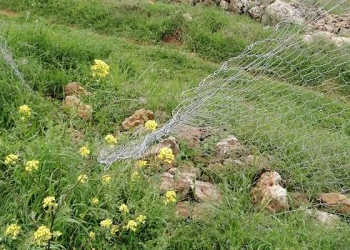 السّياج الذي تم تخريبه على يد المستوطنين في ارض بلال بدوي، قريوت، 20.3.2021