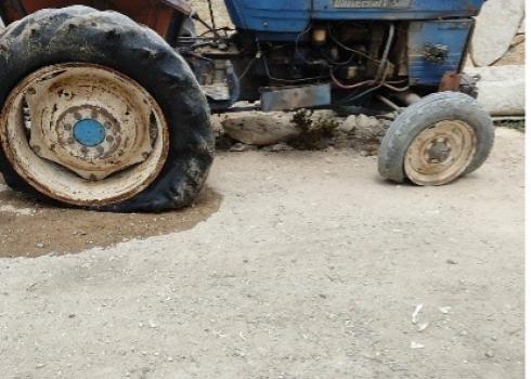 The punctured tires of Basel Salah’s tractor. Photo: Abdulkarim Sadi, B’Tselem, 10 June 2022 