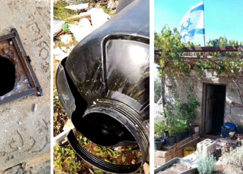Left to right: The cistern polluted by the settlers, one of the vandalized water tanks and the flag hung on the shed. Photos: Tahsin Hamed 