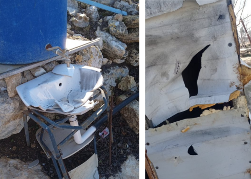 The sink broken by the settlers and the openings they tore in the walls of the shack. Photos courtesy of J’afreh 